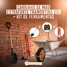 Carregar imagem no visualizador da galeria, Kit Carrinho De Mão Extra Forte 65L Carriola + Pa de bico + Enxada + Cavadeira
